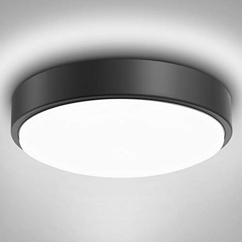 Olafus 32W Lámpara de Techo Moderna de Vidrio Metal Negro, IP44 Impermeable 2800LM CRI 90+, Plafón LED Blanco Frío, Igual a 180W Bombilla Incandescente para Sala Dormitorio Estudio Balcón Baño Cocina