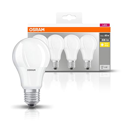 Osram Lámpara LED clásica con base en forma de bombilla, plástico, blanco cálido, E27, 8.5W, juego de 4