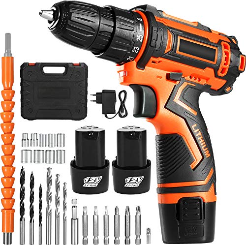 OUBEL Taladro Inalámbrico, 12 V, Taladro Sin Cable de 2 Velocidades, Batería de Litio 2 X 2000mA, equipado con Cargador, Cabezal de Destornillador, Broca, Sujetador OUBEL Taladro Inalámbrico, 12 V, Taladro Sin Cable de 2 Velocidades, Batería de Litio 2 X 2000mA, equipado con Cargador, Cabezal de Destornillador, Broca, Sujetador