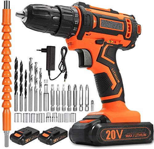OUBEL Taladro Inalámbrico, 20 V, Taladro Sin Cable de 2 Velocidades, Batería de Litio 2 X 2000mA, Equipado con Cargador, Cabezal de Destornillador, Broca, Sujetador OUBEL Taladro Inalámbrico, 20 V, Taladro Sin Cable de 2 Velocidades, Batería de Litio 2 X 2000mA, Equipado con Cargador, Cabezal de Destornillador, Broca, Sujetador