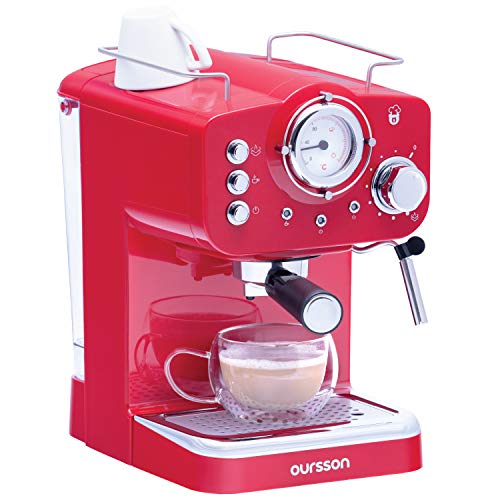 Oursson Máquina de Café Espresso - Cappuccino, Retro, 3 Años de Garantia, 15 Bares, Vaporizador Orientable, Capacidad 1.25 l, Café Molido, EM1500 Serie (Rojo)