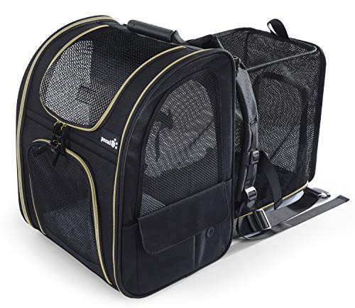 Pecute Transportin Gato Mochilas para Gatos y Perro Bolsa para Mascotas Expandible y Plegable, Carga Máxima 15 kg, para Viajar en Tren/automóvil/Restaurante/avión, Gris (Negro, Ventana de Malla)