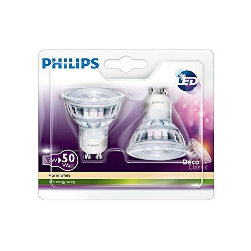 Philips 8718696528334 - Bombilla LED, blanco cálido, consumo 5.3 W, casquillo GU10, paquete de 2 unidades