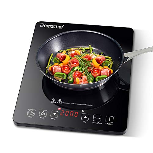 Placa Inducción Portatil Amzchef, placa de inducción de 2000 W con cuerpo delgado, 10 niveles de potencia, 10 configuraciones de temperatura, control táctil del sensor, temporizador de 3 horas, negro