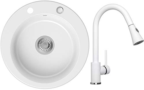 PRIMAGRAN Lavabo Cocina Redondo de Granito - Ginebra, Fregadero Un Seno + Grifo + Sifón Clásico, Fregadero Empotrado 51,5 x 51,5 cm, Blanco