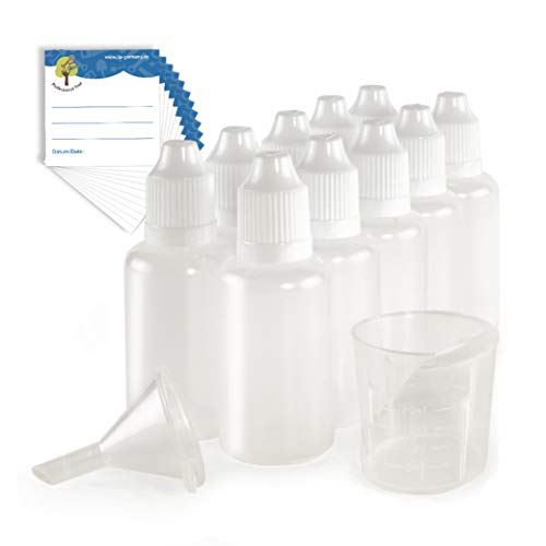 ProfessionalTree® Botellas para líquido con Sistema de Goteo 10x30 ml. con Embudo de medición - 10 Etiquetas - para conservar líquidos - Seguro para niños - Calidad LDPE