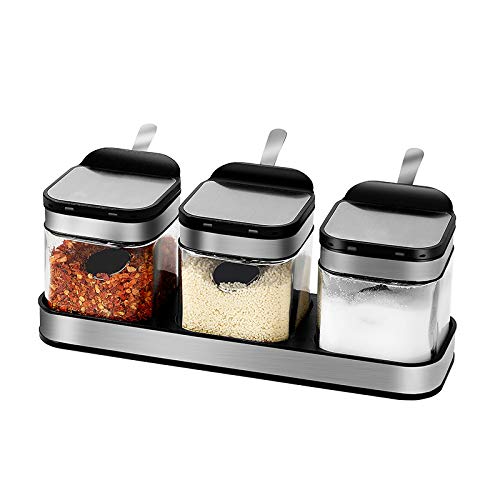 Queta Tarro de condimento de vidrio Coctelera de especias con tapa de acero inoxidable 3 piezas caja de condimento de vidrio y 3 cucharas de server. Queta Tarro de condimento de vidrio Coctelera de especias con tapa de acero inoxidable 3 piezas caja de condimento de vidrio y 3 cucharas de server.