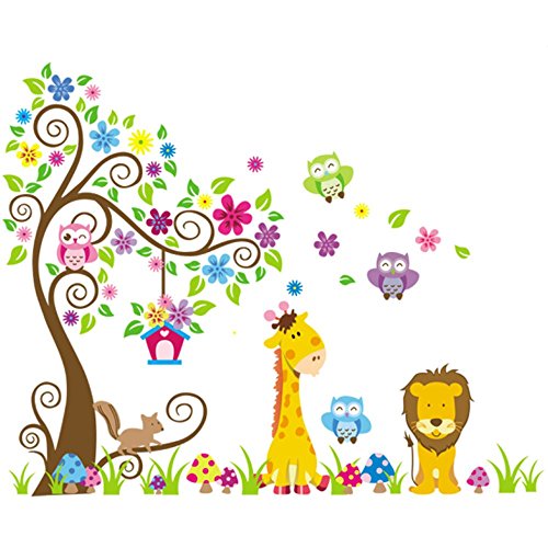 Rainbow Fox Jungle pared del árbol del búho pegatina de desplazamiento decoración animales arbolado vivero de arte mural para la decoración de las muchachas de habitación del bebé extraíble (230cmx150cm)