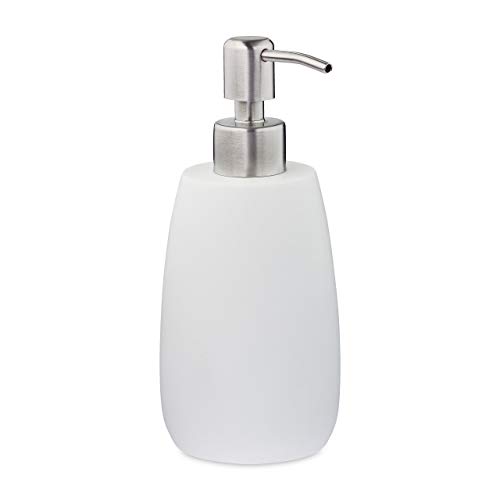 Relaxdays Dispensador de jabón líquido, 300 ml, Recargable, para baño, Cocina, dispensador de jabón líquido, Redondo, poliresina, Bomba de Acero Inoxidable, Color Blanco