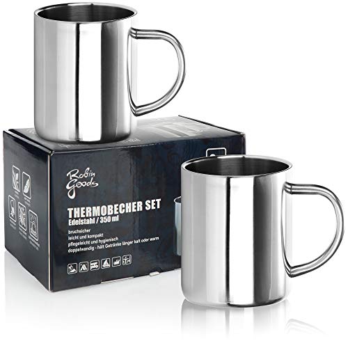 Robin Goods® 2X Juego de Tazas térmicas de Acero Inoxidable -Taza de café - Taza Termo para Beber de Acero Inoxidable cafetera Resistente a roturas (Acero Inoxidable - 02 Piezas)