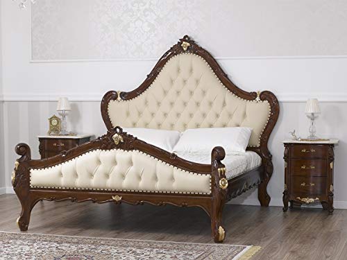 Simone Guarracino Cama matrimonial Bryanna Estilo Barroco Inglese Color Nogal Detalles Hoja Oro Antiguo Eco-Piel Champagne Botones Crystal Sw