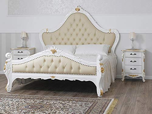 SIMONE GUARRACINO LUXURY DESIGN Cama matrimonial Bryanna Estilo Barroco Decape Color Marfil Detalles Hoja Oro Eco-Piel Champagne Botones Crystal Sw