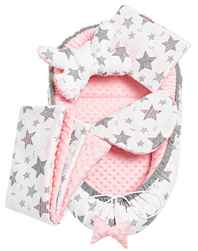 Solvera_Ltd - Juego de cuna (5 piezas, incluye nido para bebé de 90 x 50 cm, forro extraíble, cojín plano, manta para gatear, cojín para bebé, 100% algodón), color rosa