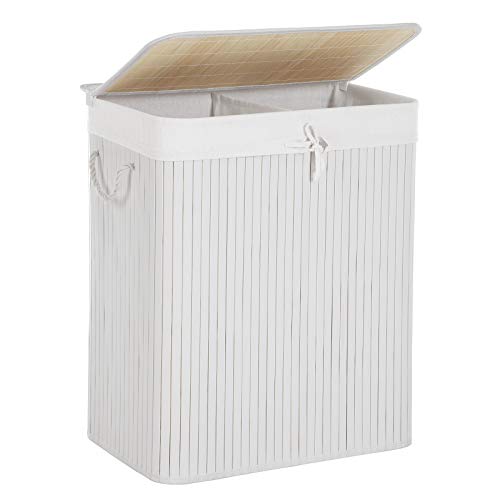 SONGMICS Cesta Porta Biancheria in Bambù, Cesto per Lavanderia con 2 Sezioni, Coperchio e Sacco Interno Rimovibile, Manici in Cotone, Capacità di 100 Litri, per Lavanderia e Camera, Blanco LCB64WT SONGMICS Cesta Porta Biancheria in Bambù, Cesto per Lavanderia con 2 Sezioni, Coperchio e Sacco Interno Rimovibile, Manici in Cotone, Capacità di 100 Litri, per Lavanderia e Camera, Blanco LCB64WT