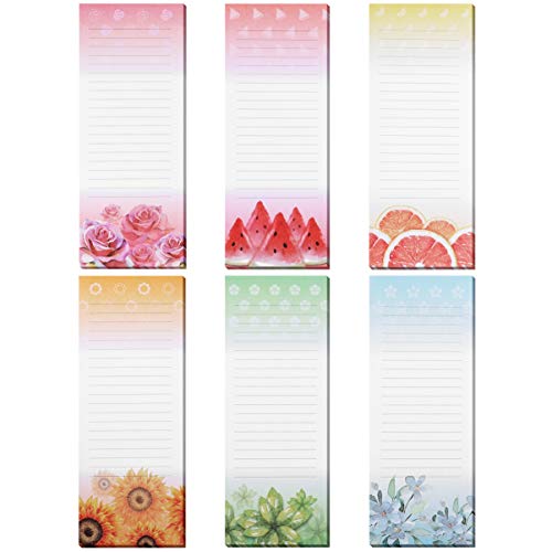 STOBOK 6-Pack Cuadernos Magnéticos para el refrigerado, tiendas de comestibles, recordatorios y tareas de la casa, coloridos diseños de flores y frutas, 60 hojas por bloc de notas, 23 x 9cm