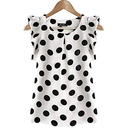 Summer Women Elegant Blusa Blanca de Gasa Señoras Puffed Manga Corta Top Negro con Estampado de Puntos Blusas