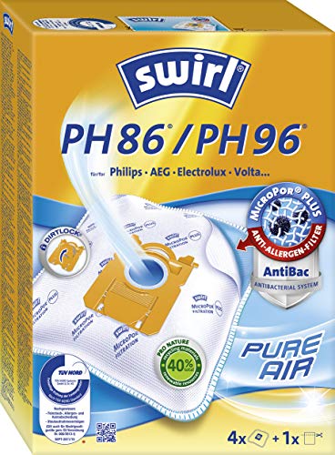 Swirl PH 86 / PH 96 MicroPor Plus - Bolsas para aspiradora Philips, AEG, Electrolux y Volta, filtro antialérgico, alta potencia de aspiración permanente, 4 piezas incl. 1 filtro