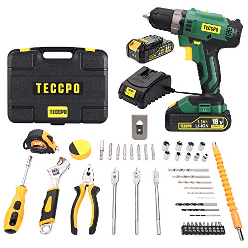 Taladro Atornillador 18V, TECCPO 45Pcs Caja de Herramientas, 2 Baterías de Litio 1500mAh, 2 Velocidad Ajustable Destornillador Eléctrico avanzado, 21+1 Ajuste de Par, Caja Compacta-BHD160D Taladro Atornillador 18V, TECCPO 45Pcs Caja de Herramientas, 2 Baterías de Litio 1500mAh, 2 Velocidad Ajustable Destornillador Eléctrico avanzado, 21+1 Ajuste de Par, Caja Compacta-BHD160D
