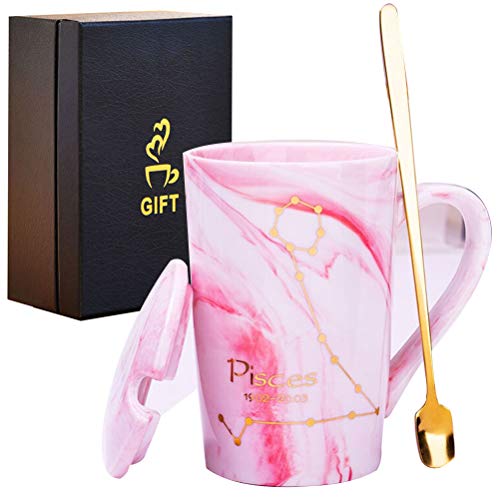 Taza De Café De Cerámica Marmolada,Creativa Taza De Café con Leche De 12 Constelaciones,Taza De Té para Oficina y Hogar con Tapa De Cuchara Apta para Lavavajillas y Microondas,14 Oz,Pisces