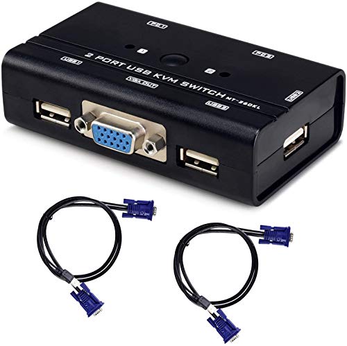 TCNEWCL Conmutador KVM de 2 Puertos, VGA USB Switch con 2 Cables KVM, para 2 Dos Ordenador o Portátil, Raton y Teclado, Monitor, Impresora, Escáner