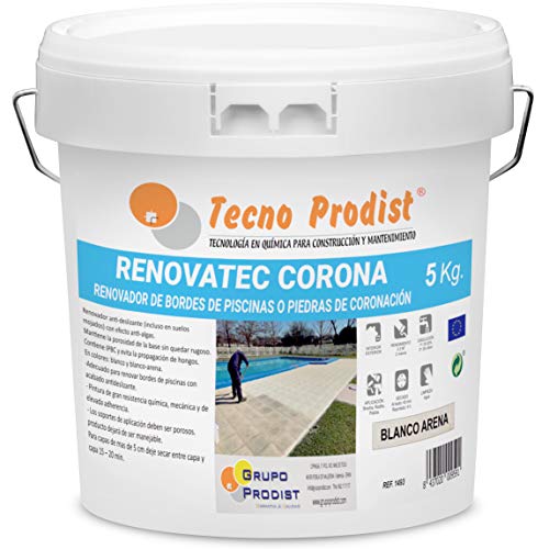 Tecno Prodist RENOVATEC CORONA-5 kg (BLANCO ARENA) Pintura para renovar bordes de piscinas o piedra de coronación-Antideslizante-Antialgas-Facil Aplicación