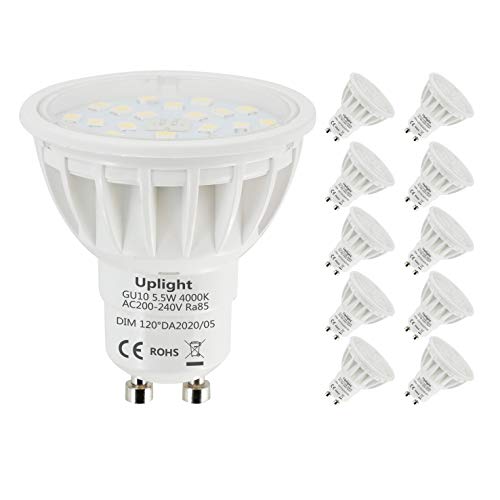 Uplight 5.5W Regulable Bombillas LED GU10,Blanco Natural 4000K,Equivalentes 50-60W,600LM Ra85 120°ángulo de haz,Paquete de 10.