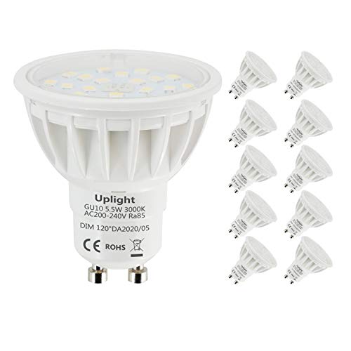  Uplight Regulable GU10 LED Bombillas,Blanco Calido 3000K,5.5W Equivalentes 50-60W,600LM Ra85,Paquete de 10.