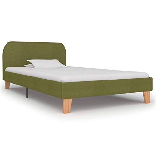 vidaXL Cama Individual Estructura Hierro + Somier Láminas + Cabecero Tapizada Tela para Colchón 90x200 cm No Incluido MDF Patas Madera Maciza Verde