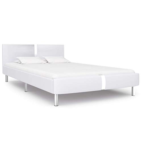 vidaXL Cama Matrimonio Estructura Hierro + Somier Láminas + Cabecero Tapizada Piel Sintética 140x200 cm Cuero Artificial MDF Patas Acero Blanca Plata