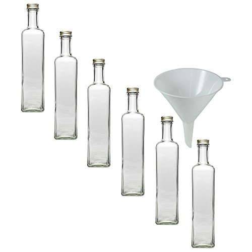 Viva Haushaltswaren - Botellas de Cristal (6 Unidades, tapón de Rosca, 500 ml, rellenables, Incluye Embudo de 9,5 cm)