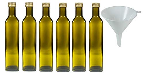 Viva Haushaltswaren - Juego de 6 botellas de aceite de cristal marrón, 500 ml, con cierre dorado, botellas vacías como recipiente de almacenamiento y vinagre (incluye embudo de 12 cm de diámetro)