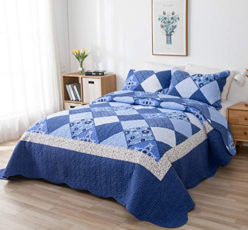 VIVILINEN Colchas de Patchwork Colcha Bouti Pique Cubrecama Nórdica para Cama 150,Edredones Cubierta Cama Manta Funda de Poliéster Colchas de Invierno con 2 Fundas de Almohada (Azul, 230 * 250cm)