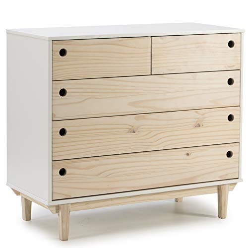 VS Venta-stock Cómoda de Noche Roma 5 Cajones en Color Blanco, Patas y Frontales en Madera Natural VS Venta-stock Cómoda de Noche Roma 5 Cajones en Color Blanco, Patas y Frontales en Madera Natural