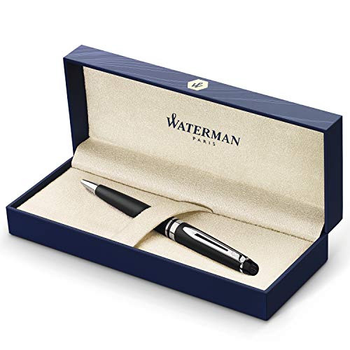 Waterman Expert bolígrafo, con adorno cromado, punta media con cartucho de tinta azul, estuche de regalo, color negro mate
