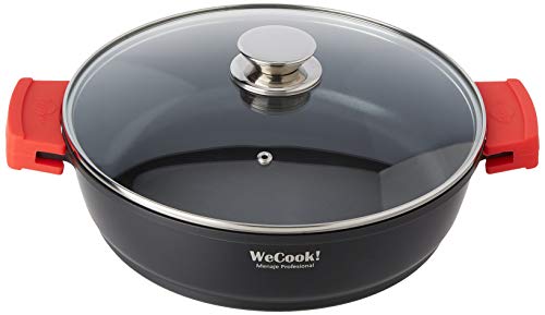 WECOOK! Ecostone Cazuela Baja Inducción con Tapa de Cristal 28cm, Antiadherente XTRA DUPON Ecológico sin PFOA, Aluminio Fundido, 5mm Espesor, 7,5cm Alto, Asas Silicona, Vitrocerámica, Gas