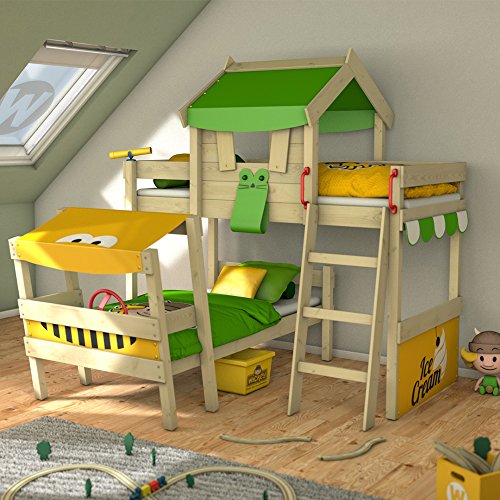 WICKEY Cama de matrimonio CrAzY Trunky Litera Cama infantil 90x200 para 2 niños en diseño oblicuo con somier de madera, verde manzana-amarillo WICKEY Cama de matrimonio CrAzY Trunky Litera Cama infantil 90x200 para 2 niños en diseño oblicuo con somier de madera, verde manzana-amarillo