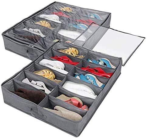 Wuudi 12 bolsillos grandes para guardar zapatos debajo de la cama, organizador de zapatos de tela plegable para armario, organizador de zapatos (2 unidades)