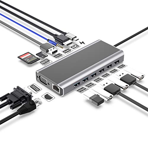 xuelili Adaptador USB Tipo C de Concentrador Multifunción 15 en uno Compatible con HDMI 4K, USB, Microsd y Otros Puertos