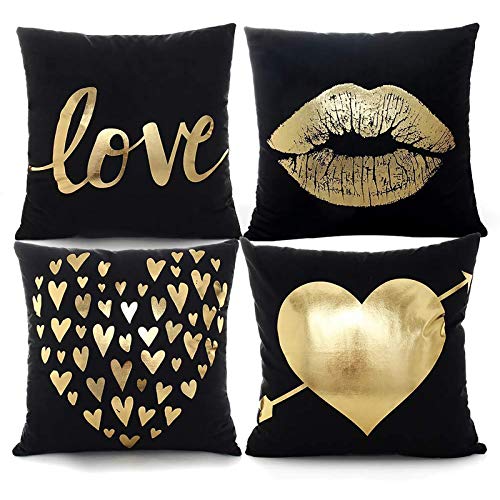 YNester 4pcs Fundas para Cojines de Franela Doradas Decorativas Almohada, Fundas de cojín, Funda de cojín bronceadora para Cama, sofá, Regalo, poliéster Fundas Negra, 45 x 45cm