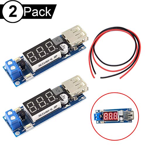 Youmile 2Pack USB Charge Board Convertidor de voltaje de CC-CC Buck 6.5V-40V a 5V 2A Salida USB Pantalla LED Voltímetro Módulo reductor con cable 24AWG