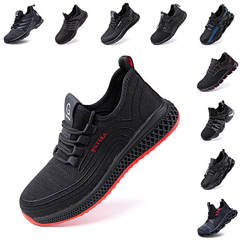 Zapatos de Seguridad Hombre Trabajo Comodos Mujer con Punta de Acero Ligeros Calzado de Industrial y Deportivos Transpirable Negro Rojo Número 36-48 EU Negro Rojo 44