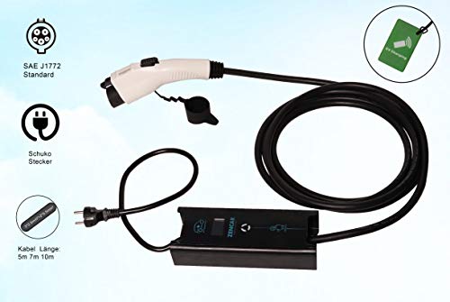 ZENCAR Cargador EVSE Tipo 1 Enchufe Schuko de 230V Coche eléctrico de 3,6kW Caja de Carga conmutable de 6A / 8A / 10A / 12A / 16A Cable de Carga para la LCD Pantalla 5 Metros