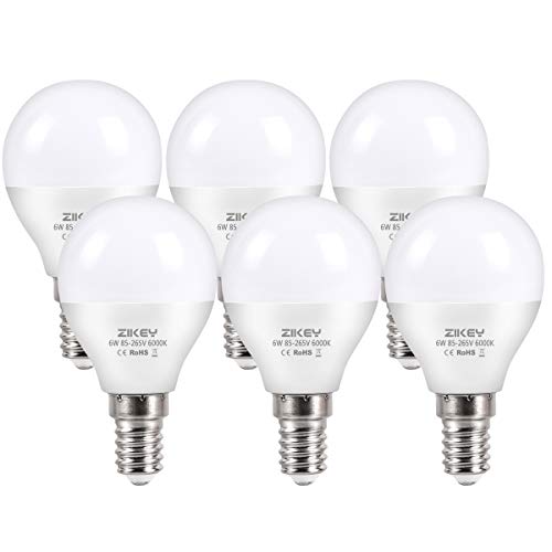 ZIKEY Bombilla LED E14, 6W (equivalente a 50W), G45 Mini Globo bombilla Blanco Frío 6000K 600lm No regulable - 6 unidades ZIKEY Bombilla LED E14, 6W (equivalente a 50W), G45 Mini Globo bombilla Blanco Frío 6000K 600lm No regulable - 6 unidades