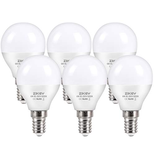 ZIKEY Bombilla LED E14, 6W (equivalente a 50W), G45 Mini Globo bombilla Blanco Frío 6000K 600lm No regulable - 6 unidades