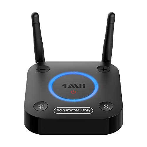 1Mii Transmisor Bluetooth 5.0 para TV a 2 Auriculares Bluetooth, Adaptador Audio Bluetooth TV con Control de Volumen, Entrada Óptica, Coaxial, Aux, Aptx Baja Latencia, Largo Alcance 60 m