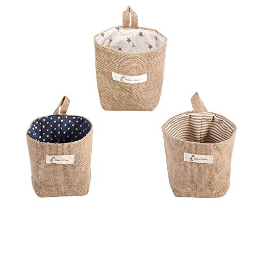 3 Pcs Bolsa de Almacenamiento para colgar, Lino y algodón bolsa de almacenamiento cesta plegable bolsa de almacenamiento cesta con asa, algodón, lino, cesta de almacenamiento plegable (14 * 13 cm)