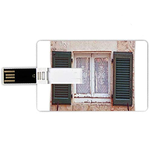 64G USB Flash Drives Forma de tarjeta de crédito Persianas Decoración Memory Stick Estilo de tarjeta bancaria Casa rural mediterránea con postigos de ventana antiguos Imprimir imagen de la isla de Gre