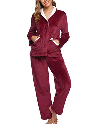 Abollria Pijamas Mujer Invierno Franela Conjunto de Pijama para Mujer,Botones Largo Mangas Larga Pantalones Ropa de Casa 2 Piezas (Rojo Vino, M)