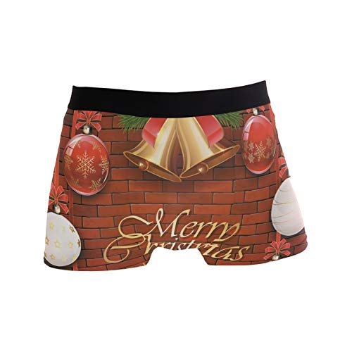 Ahomy Boxer Shorts - Calzoncillos para hombre, diseño de bolas de Navidad con campanas doradas, árbol de abeto en la pared de ladrillo, tela suave de poliéster, pantalones cortos