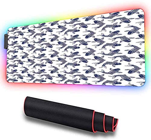 Alfombrilla de ratón extendida, dibujo de boceto de carpa Koi con detalles, alfombrilla extendida con LED brillante de gran tamaño, base de gomateclado impermeable, alfombrilla 900x400x30mm